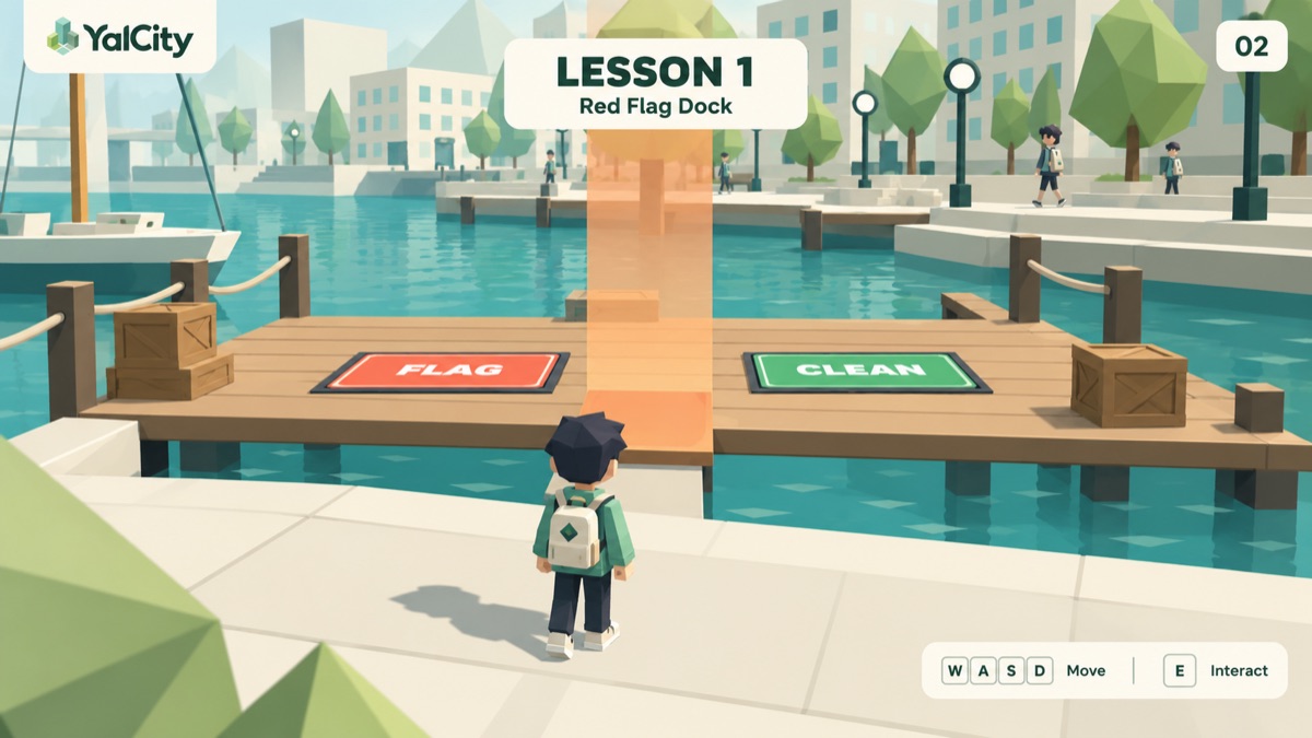 A player stands on the harbour at Red Flag Dock in Lesson 1, choosing between a red Flag pad and a green Clean pad.